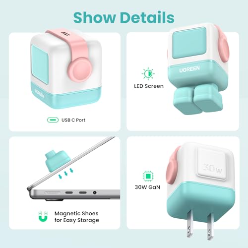 UGREEN Uno 30W USB C Charger, Compact Robot GaN Fast Charging Block, Green - color: Pink Blue