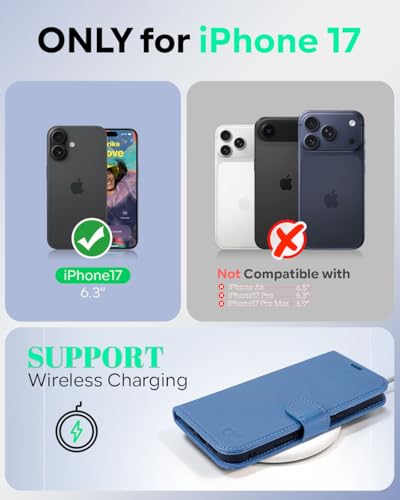 OCASE for iPhone 17 Wallet Case, Card Holder, Light Blue | RFID Blocking, Kickstand, Magnetic Closure, PU Leather Flip Folio, Shockproof TPU Shell, Protective Phone Cover (6.3") 2025 - color: Light Blue