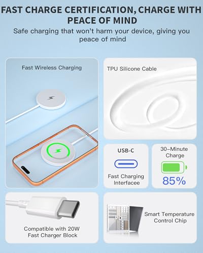 10FT Magnetic Wireless Charger,2Pack Fast Apple Mag-Safe Charger Magnet Pad - size: 10FT