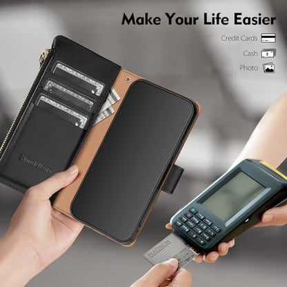 Shieldtop Compatible with Samsung Galaxy A37 5G Wallet Case with Card Holder,PU Leather Phone Case Flip Protective Cover Wrist Strap Zipper Credit Card Slots RFID Blocking Women Men,Black - color: Black