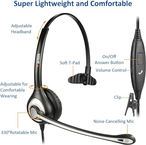 Wantek Cell Phone Headset with Microphone Noise Cancelling for Laptops, PC,3.5mm Jack,Volume Control,Wired Computer Headsets for Zoom Skype,for Office,Business, Call Center, Clear Chat（Black） - color: Black