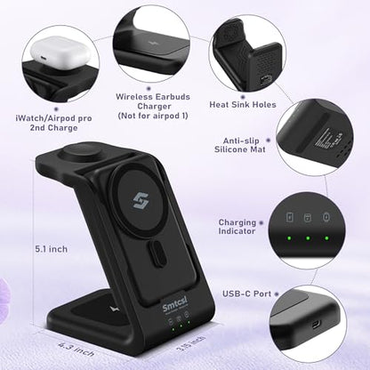 Smtcsl 3 in 1 Wireless Charging Station: 10000mAh Removable Power Bank Charger Stand for Phone/Watch/Air Pods - Portable Magnetic Battery Pack for Air 17 16 15 14 13 12 Series