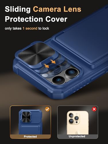 Vihibii for iPhone 13 Pro Case Wallet with Card Holder (4 Cards), Blue | RFID Blocking, Slide Lens Camera Cover, Military Grade Drop Protection, Raised Edges Protect Screen, Ditch the bulky bag - color: Blue, size: iPhone 13 Pro