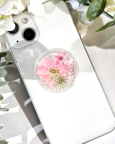 Petite Pressed Pink Flowers Phone Grip,Handmade Dried Flowers Clear Phone Stand, Expanding Cell Phone Charms Accessory, Interchangeable Kickstand, Collapsible Handle Grip Holder for Kindle