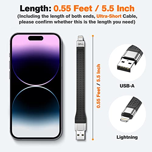 Rixmie Short USB A to Lightning Cable, [MFi Certified-13.5cm] 30W Fast Charging for 14 Pro/14/13/13 Pro/12 Pro Max/12/11/11 Pro/X/XS, AirPods, iPad Pro Air Mini, MacBook (Not Work with DAC)- Black