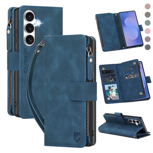 for Samsung Galaxy S25-FE-Wallet Case: with RFID Blocking Card Slots (6 Cards) | Soft PU Leather Magnetic Snap Zipper Pocket | Crossbody Wrist Strap Protective Phone Cover - Blue - color: Blue, size: Galaxy S25 FE（6.7‘’）