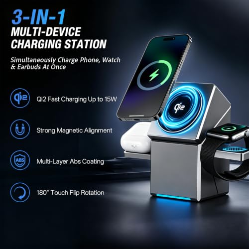 3-in-1 Wireless Charging Station, Soft LED Indicator, Multiple Protection, 15W Auto-Rotating Wireless Charger for iPhone 17,16,15,14,13,12 Series, Apple Watch, AirPods