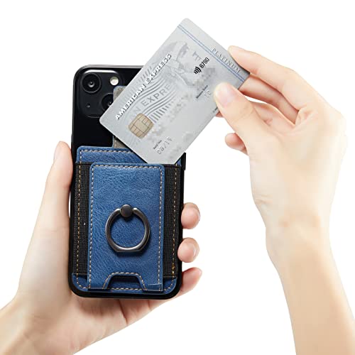 Phone Card Holder with Ring Grip for Back of Phone,Adhesive Stick-on Credit Card Wallet Pocket for iPhone,Android and Smartphones (Blue) - color: Blue