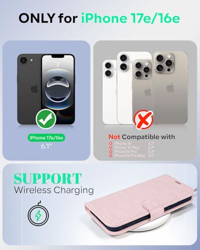OCASE for iPhone 17e/iPhone 16e Wallet Case, Card Holder, Pink | RFID Blocking, Kickstand, Magnetic Closure, PU Leather Flip Folio, Shockproof TPU Shell, Protective Phone Cover (6.1") - color: Pink