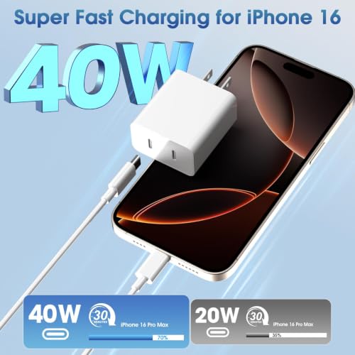 iPhone 17 Pro Max Charger Fast Charging, 40W Dual USB C Fast Charger - color: White, Dual USB-C ports, size: 6ft