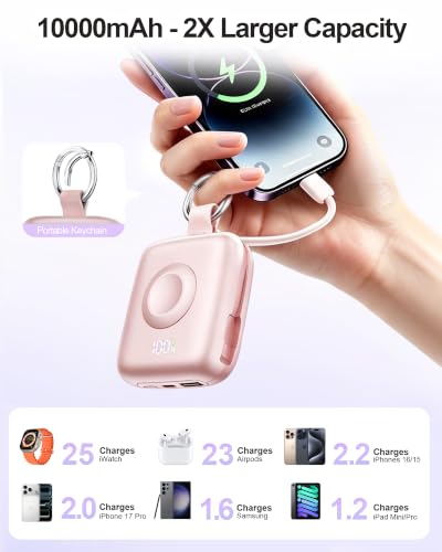 Portable Charger 3 in 1, Smaller 10000mAh Built-in Cables 22.5W Power Bank - color: Pink