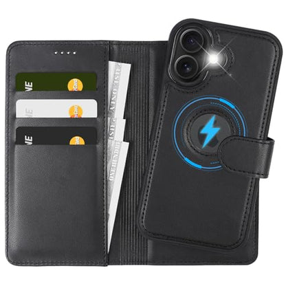 2 in 1 PU Leather for iPhone 16 Leather Case, Detachable Wallet Case with Card Holder, Removable Flip Folio Cover with RFID Blocking, Stand Shockproof Phone Cover（Compatible with MagSafe） Black - color: Black, size: Iphone 16