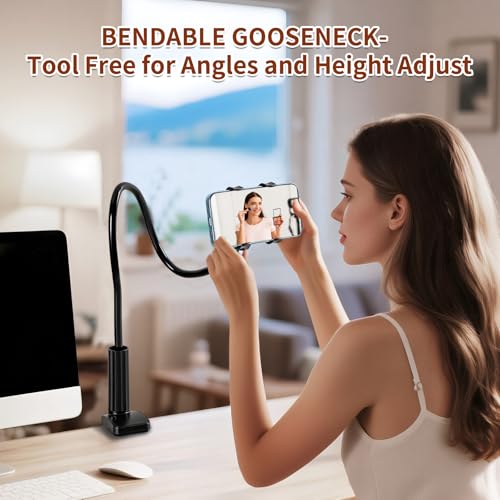 Gooseneck Phone Holder for Bed - Cell Phone Mount Clamp Clip, 360° Flexible Arm, Compatible with iPhone 17 16 15 14 13 12 11 Pro Max Xs Xr X8, Overhead Mount for Desk Phone Holder for 4–7" Smartphones - color: Clamp Mount