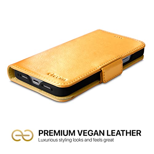 Dreem Vegan Leather Magnetic Detachable Wallet Case for iPhone 13 Pro Max | Built-in Phone Stand, RFID Blocking Card Holder Flip Cover, MagSafe Compatible, Gift Box [Fibonacci: Gold] - color: Gold, size: iPhone 13 Pro Max