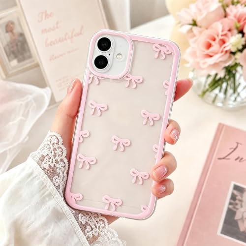 Case for iPhone 16, Clear Pink Cute Ribbon Bowknot Pattern, Transparent Phone Case Raised Camera Protection Stylish Slim Soft TPU Protective Cover for Women - color: A1-Pink, size: iPhone 16