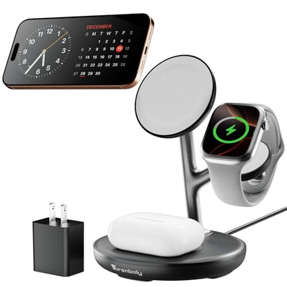 3-in-1 Magnetic Wireless Charging Station,Stand for iPhone 18/17 - color: Black+White