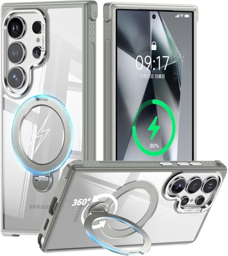[360° Rotatable Invisible Magnetic Stand & Fit for MagSafe Designed for Samsung Galaxy S24 Ultra Case with Kickstand [Mil-Grade Shockproof] Clear Hard Back Cover for Galaxy S24 Ultra, Gray - color: Gray, size: For Galaxy S24 Ultra