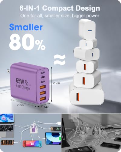2-Pack 65W USB C Charger Block, 6-Port Fast Wall Charging Block [3 PD USB-C & 3 QC USB-A] for iPhone 17 16 15 Pro Max, iPad Pro, Galaxy S26 S25, Pixel 10 9, iWatch,Google & More - color: Purple