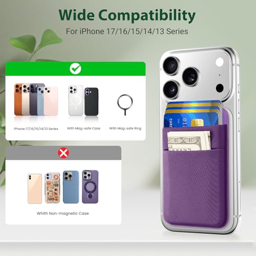 takyu Wallet Compatible with Magsafe, Stretchy Cloth Fabric 2600Gs Secure Magnetic Strength Minimalist Wallet Phone Credit Card Holder Compatible with iPhone 17 16 15 14 13 12 Series Purple - color: Purple