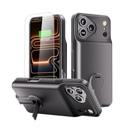 GIN FOXI for iPhone 17 Pro Max Battery Case with Stand, Charging Case Charger 8500mAh Ultra-Slim Lightweight Powerful Battery Pack 15W Fast Rechargeable Anti-Fall TPU Juice Box (6.9") Black