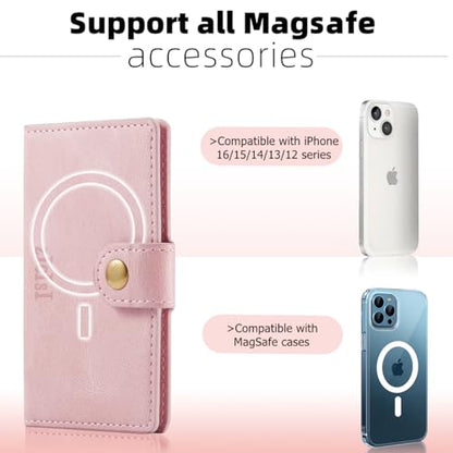 Magnetic Wallet with 5 Card Holders Compatible with MagSafe for iPhone 17/16/15/14 Pro Max/14 Pro/14 Plus/13/12 Series with RFID Protected,Vegan Leather,Pink - color: Pink