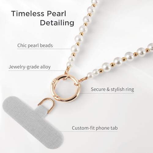 POSADINA Phone Charm for Women, Anti-Theft Phone Wrist Strap, Hands-Free & Beaded Chain, Detachable Lanyard with Tether Tab - color: Pearl Shine Gold
