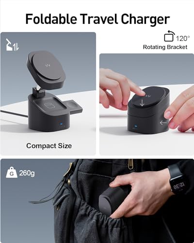 iWALK 3-in-1 Magnetic Wireless Charging Stand, 15W Foldable Charger Station for iPhone 16/15/14/13/12, Apple Watch & AirPods, Adjustable Dock with 20W USB-C Adapter - color: black