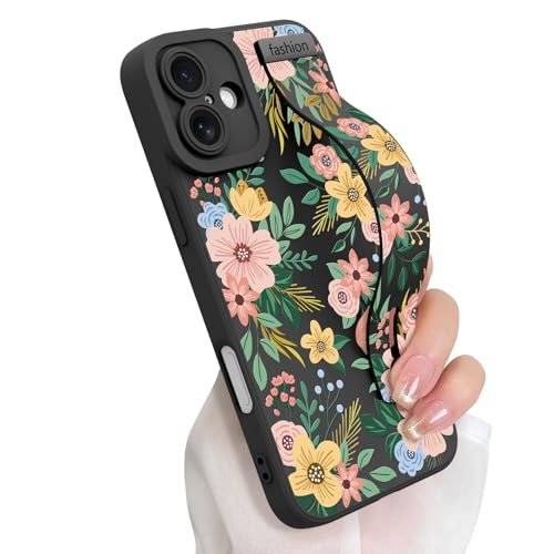 Cute Floral Flower Case for iPhone 16 with Finger Hand Strap | Pattern Design Phone Case with Adjustable Wristband Kickstand, Soft Slim TPU Protective Cover for Women Girls, Black - color: Black Blossom, size: iPhone 16