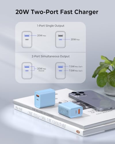 3 Pack USB C Wall Charger, 20W Durable Dual Port QC+PD 3.0 Power Adapter, Double Fast Plug Charging Block for Phone 14/15/16/17 Pro/Pro Max/Plus, XS/XR/X, Watch Series 8/7 Cube - color: Baby Blue