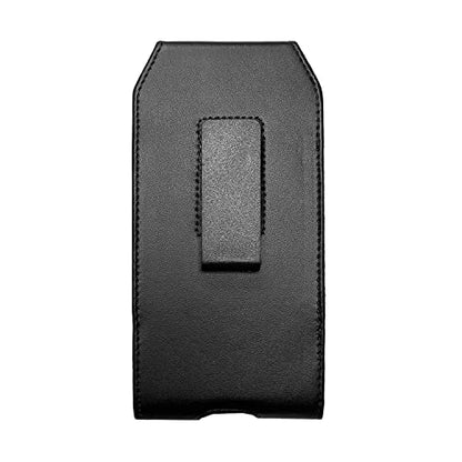 Leather Cell Phone Holster for Cricket Debut, Icon, AT&T Radiant Core, Calypso 2, Moto E6, G7 Play, Alcatel Onyx, REVVLRY REVVL2 - Vertical Case Waist Carrying Pouch with Belt Clip/Loops, Black - size: Small