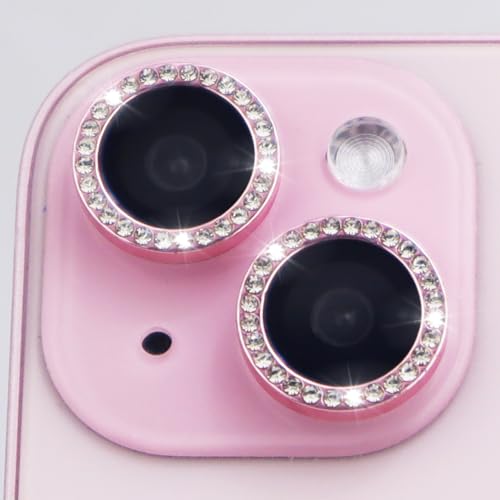 Camera Lens Protector for iPhone 15/15 Plus/14/14 Plus Bling Diamond Metal Ring Rhinestone Tempered Glass Lens Cover Accessories (Pink) - color: Pink
