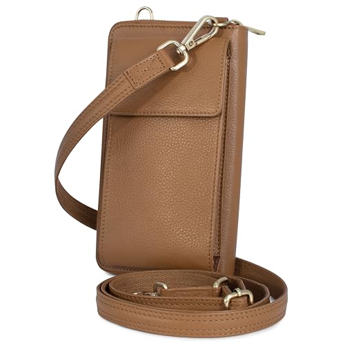 BULL GUARD Crossbody Bag for Women, Leather Phone Wallet Purse with Adjustable Anti Theft Strap & RFID Blocking 12 Card Slots - color: Rich Mocha Brown - Small