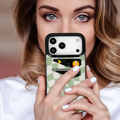Compatible with iPhone 17 Pro Wallet Case (Green Checkerboard) | with 2 Card Holder PU Leather Slot Shockproof Soft TPU Cover for Women Girls Cute Case - color: Green Checkerboard, size: iPhone 17 Pro 6.3 inch