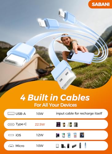 SABANI Portable Charger 35000mAh Power Bank, 4 Built in Cable Big Capacity - color: Azure