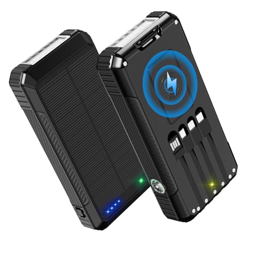 Solar Power Bank 49800mAh, Portable Charger with Built-in 4 Cables, 22.5W Fast Charging Solar Panel Charger for Traveling, Camping and Emergency(Black) - color: Black