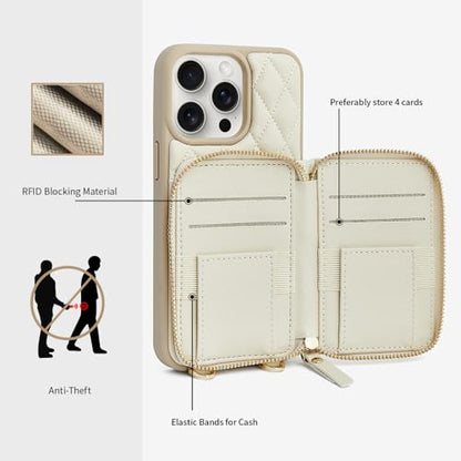LAMEEKU Wallet Case Compatible with iPhone 13 Pro Max, Crossbody Quilted Leather Card Holder with Chain Strap Protective Bumper Cover for iPhone 13 Pro Max, 6.7 Inch-Beige - color: Beige-01, size: iPhone 13 Pro Max-6.7"