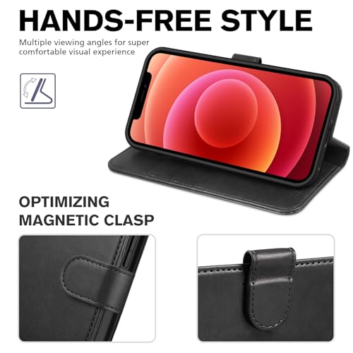 TUCCH Wallet Case for iPhone 12 Pro/iPhone 12 (6.1"), 3 Card Holders, Black | RFID Blocking, Viewing Stand, Shockproof TPU Shell, PU Leather, Magnetic Closure, Protective Folio Flip Cover - color: Black