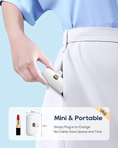 Kuulaa Portable Phone Charger with Built-in USB-C Plug, 5000mAh Mini Portable Charger Power Bank Small Battery Pack for iPhone air/15/16,Samsung S22/S23 & Android - color: White