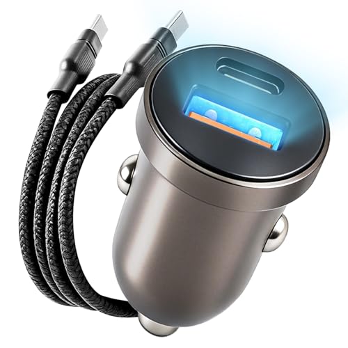 63W USB C Car Charger, Dual Port, 45W PD Fast Charging + 18W USB A, Zinc Alloy, with USB-C to C Cable, Compatible with iPhone 17/16/15/14, Galaxy S26/S25