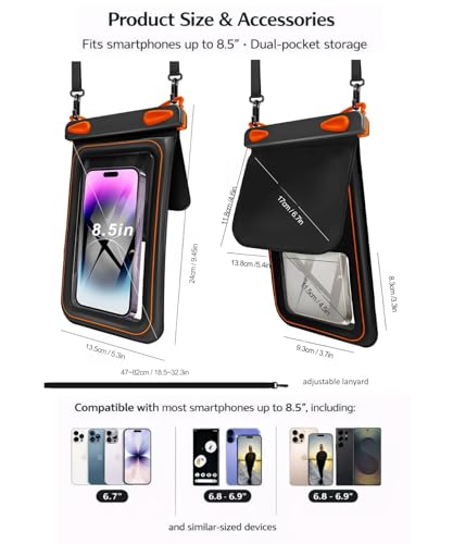 2 Pack Floating Phone Pouch with Dual Compartments, IPX8 Rated Waterproof Case for Rain, Beach, Boating & Kayaking, Clear Touch Screen, Fits Phones Up to 8.5”(Black-Black)