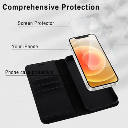 MONASAY Wallet Case Compatible for iPhone 12 mini 5G 5.4-inch,[Glass Screen Protector Included] [RFID Blocking] Flip Folio Leather Cell Phone Cover with Credit Card Holder, Black - color: Black