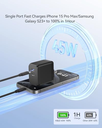K&ZZ USB C Charger Block 45W Dual Port Super Fast Type C Wall Charger Foldable PD GaN Chargers Charging Station USB-C Charger Adapter for MacBook/iPad/iPhone 17