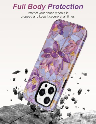 Magnetic Flower Phone Case for iPhone 15, Purple | Compatible with MagSafe, Cute Stained Glass Lotus Floral Aesthetic, TPU and PC Protective Phone Cover for Women Girls - color: Purple