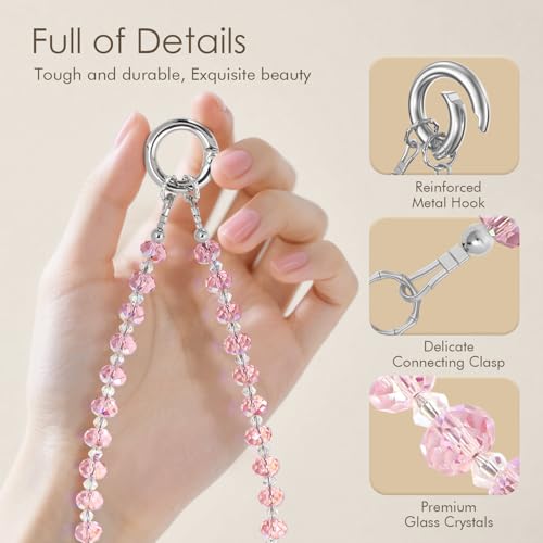 SURPHY Phone Charm, Handmade Beaded Phone Wrist Strap with Tether Tab - color: C- Crystals Pink
