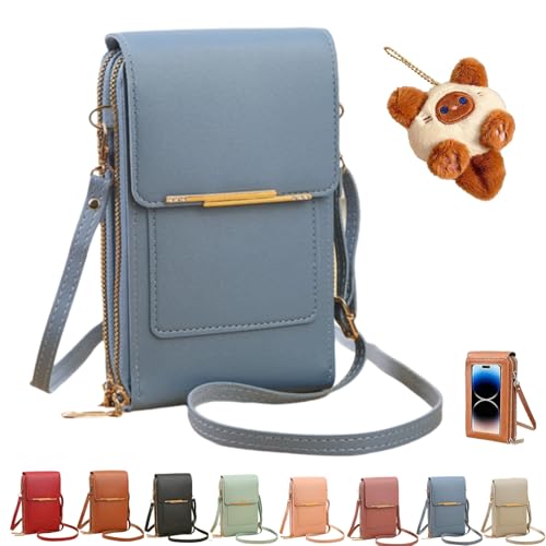Women's Touch Screen Mobile Phone Messenger Bag,Anti-Theft Mobile Leather Bag,Leather Waterproof Crossbody Wallet Purse - color: Blue