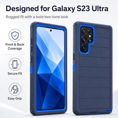 Three Layer Protective Case for Samsung Galaxy S23 Ultra,Black and Blue Dual Color,Heavy Duty Drop Protection Case