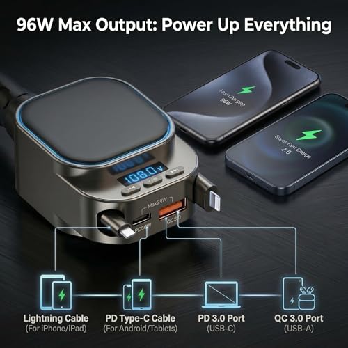 Bluetooth 5.3 Car Adapter, 96W FM Transmitter, 4-in-1 Retractable Charger