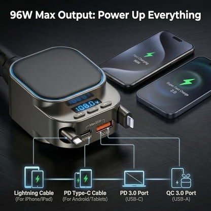 Bluetooth 5.3 Car Adapter, 96W FM Transmitter, 4-in-1 Retractable Charger