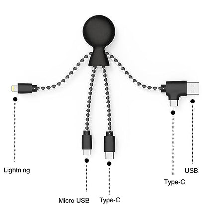 Xoopar - Mr Bio 4 in 1 Multi USB Cable Octopus Design Black - Universal Recycled Plastic Charger - USB Plug - USB-C - Lightning - Micro USB for Universal Smartphone - color: Black