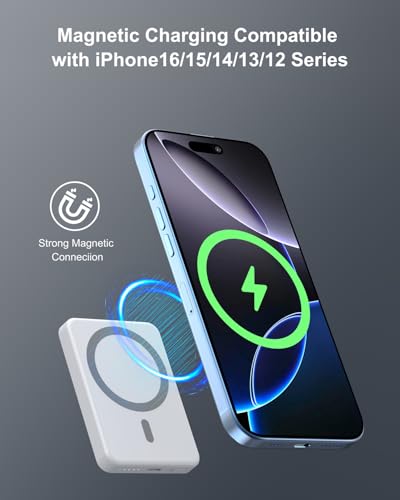 5000mAh Magnetic Portable Charger, Ultra Slim Magnetic Power Bank with USB-C Cable Compatible with iPhone 17/16/15/14/13/12 Series - color: White